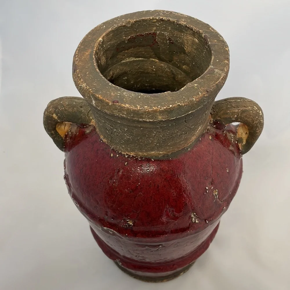 Vintage Red Glazed Pottery Amphora Vase 12” Rustic Tuscan Two Handle Urn